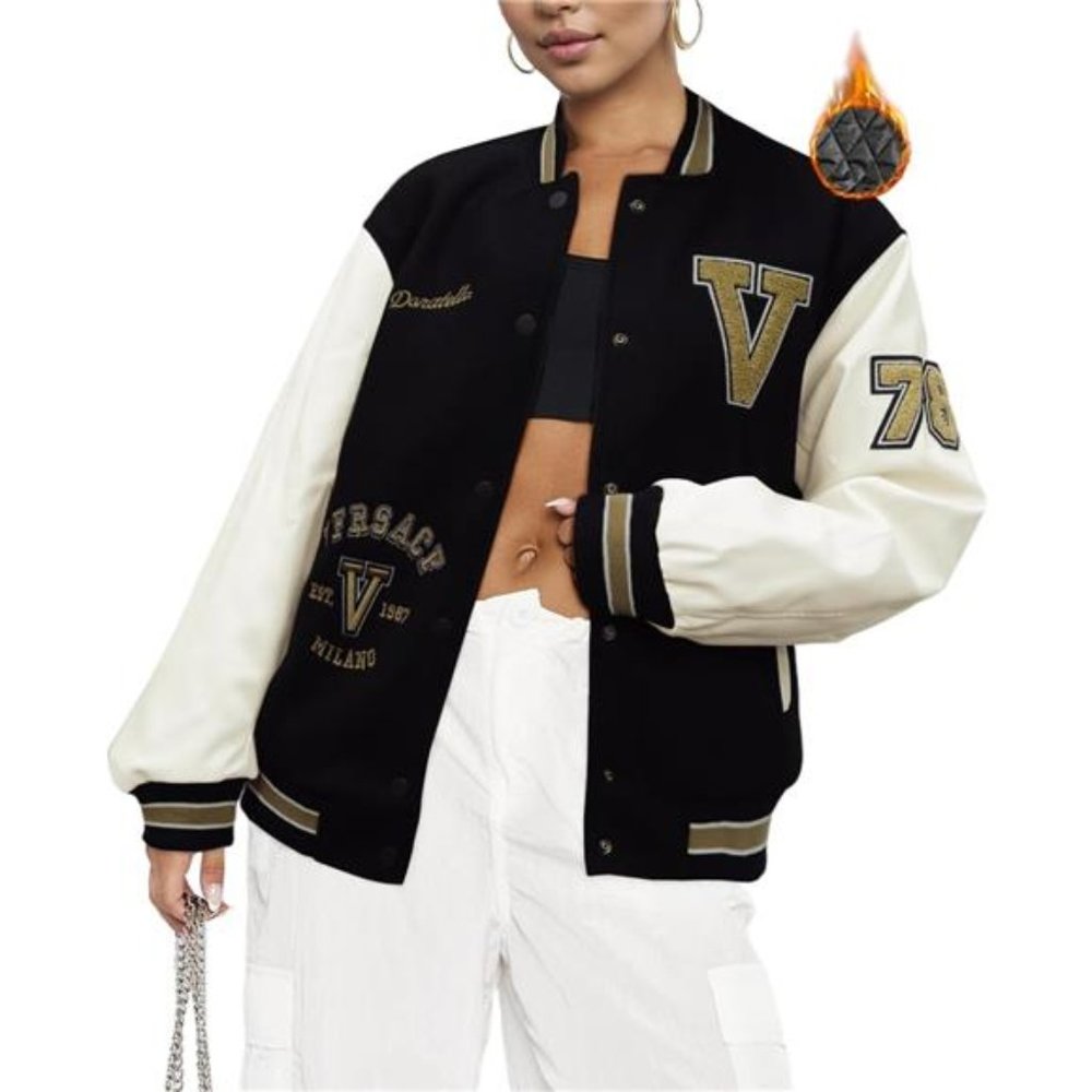 Women's Winter Quilted Varsity Letterman Jacket, Black